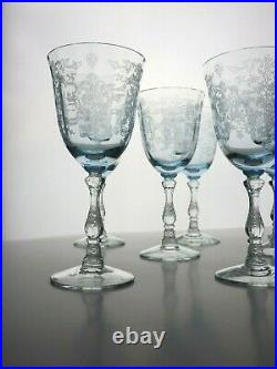 Set of 8 Fostoria Navarre Blue Etched Large Claret Glass Signed