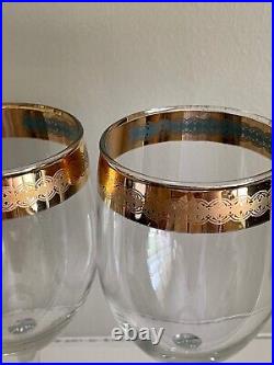 Set of 8 Rare Vintage Stem Glassware, Gold and Teal Band, Wine or Water Goblet
