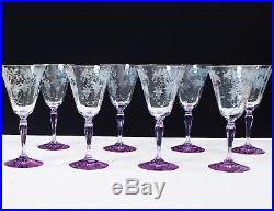 Set of Eight Fostoria FUSCHIA WISTERIA Etched Crystal Water Goblets 1930s RARE