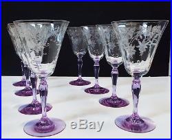 Set of Eight Fostoria FUSCHIA WISTERIA Etched Crystal Water Goblets 1930s RARE