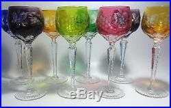 Set of Eight Vintage Cut Crystal WINE GOBLETS Tall Stem, Multi Color 8-1/2