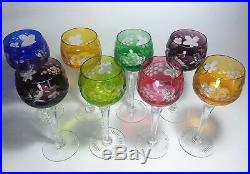 Set of Eight Vintage Cut Crystal WINE GOBLETS Tall Stem, Multi Color 8-1/2