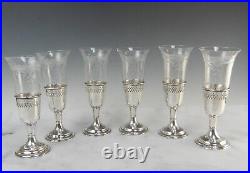 Set of Six Manchester Sterling Silver Cups With Etched Glass Inserts