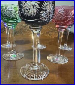 Set of Vintage Bohemian Cut-to-Clear Crystal Goblets Multicolor Starburst Design Set of Vintage Bohemian Cut-to-Clear Crystal Goblets Multicolor Starburst Design