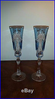 Set of two (2) VARGA CRYSTAL Sculptured Shell Blue Champagne Flute Glasses