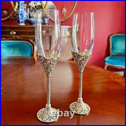 Swarovski Crystal Encrusted Champagne Flutes Set 2 Ornate Gold Tone Filigree