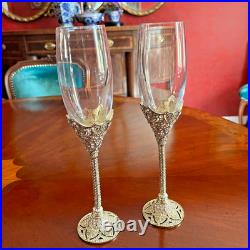 Swarovski Crystal Encrusted Champagne Flutes Set 2 Ornate Gold Tone Filigree