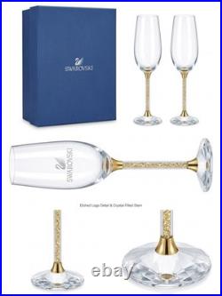 Swarovski Crystal-Filled Champagne Glasses Set of 2 Etched Logo