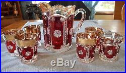 Tarentum Glass Ruby Flash Frost Crystal/peerless Water Pitcher And Tumblers Set