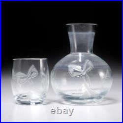 Tiffany and Co Etched Ribbon Bow Bedside Water Carafe Pitcher and Glass 2pc Set