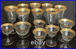 Tiffin-Franciscan clear optic crystal with a gold-encrusted band rim. Set