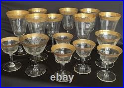 Tiffin-Franciscan clear optic crystal with a gold-encrusted band rim. Set