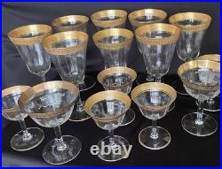 Tiffin-Franciscan clear optic crystal with a gold-encrusted band rim. Set