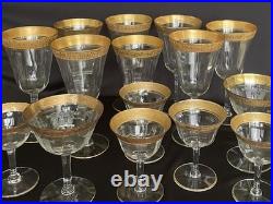 Tiffin-Franciscan clear optic crystal with a gold-encrusted band rim. Set