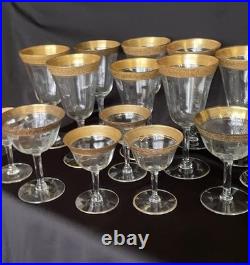 Tiffin-Franciscan clear optic crystal with a gold-encrusted band rim. Set