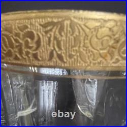 Tiffin-Franciscan clear optic crystal with a gold-encrusted band rim. Set