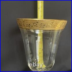 Tiffin-Franciscan clear optic crystal with a gold-encrusted band rim. Set