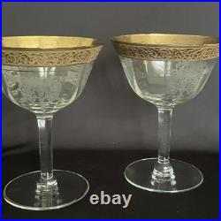 Tiffin-Franciscan clear optic crystal with a gold-encrusted band rim. Set