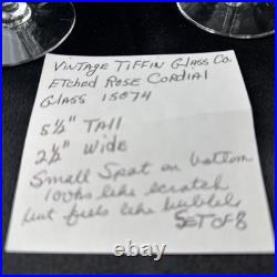 Tiffin Glass Co Etched Rose Cordial Glass 15074 Set of 8 Crystal 5.5Very Small