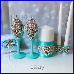 Turquoise Tiffany Blue Wedding Crystal Set Unity Candle Toasting Flutes Ring