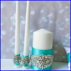 Turquoise Tiffany Blue Wedding Crystal Set Unity Candle Toasting Flutes Ring