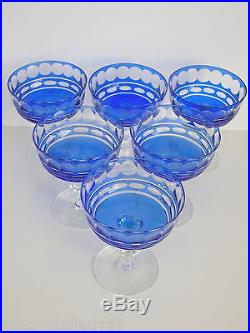 VAL ST LAMBERT COBALT CASED CUT TO CLEAR CRYSTAL CHAMPAGNE SHERBERT Set of 6