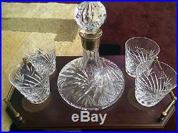 VINTAGE-WATERFORD-CRYSTAL-DECANTER-OLD-FASHIONED-GLASSES-BAR-SET-w-wood-tray
