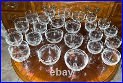 VTG 24 Crystal Glass Set Etched Berry Leaf Wine Goblet Champagne Sherry Portugal