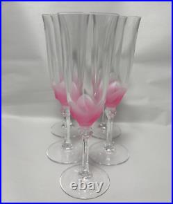 VTG Crystal D'Argues Florence Pink Frosted Petals Champagne Flutes Set of 5-EUC