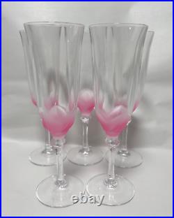 VTG Crystal D'Argues Florence Pink Frosted Petals Champagne Flutes Set of 5-EUC