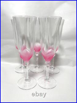 VTG Crystal D'Argues Florence Pink Frosted Petals Champagne Flutes Set of 5-EUC