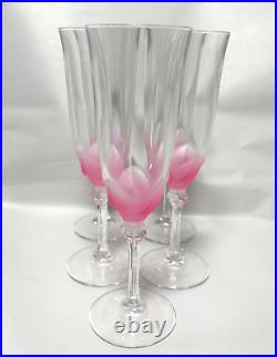 VTG Crystal D'Argues Florence Pink Frosted Petals Champagne Flutes Set of 5-EUC