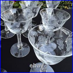 VTG Etched Crystal Champagne Coupe Glasses Set Of 11 Floral Cut Stemware Rock