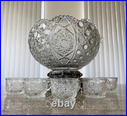 VTG L. E. SMITH Crystal Daisy and Button Punchbowl Ornate Silver Stand 5 Cups