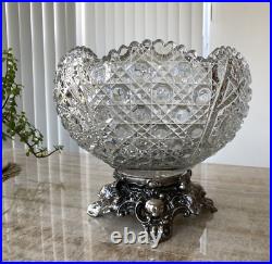 VTG L. E. SMITH Crystal Daisy and Button Punchbowl Ornate Silver Stand 5 Cups