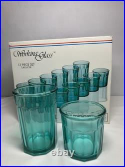 VTG. NOS Luminarc Working Glass Set of 12 Glasses 14& 21oz Turquoise USA