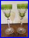 Val St Lambert Light Green Cut to Clear Crystal Wine Goblet Signed Set of 2