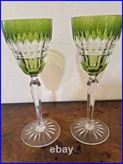 Val St Lambert Light Green Cut to Clear Crystal Wine Goblet Signed Set of 2