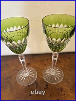 Val St Lambert Light Green Cut to Clear Crystal Wine Goblet Signed Set of 2