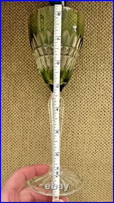 Val St Lambert Light Green Cut to Clear Crystal Wine Goblet Signed Set of 2