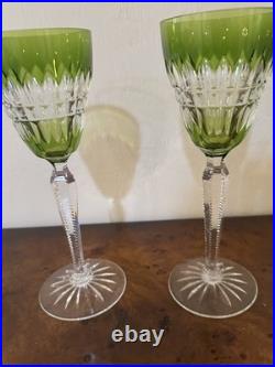 Val St Lambert Light Green Cut to Clear Crystal Wine Goblet Signed Set of 2