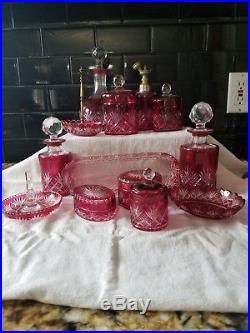 Val St Lambert cranberry to clear cut crystal dresser set, 13 piece