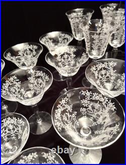 Vintage 28pc Etched Mikado Glassware Set Morgantown, Champagne, Martini Vintage 28pc Etched Mikado Glassware Set Morgantown, Champagne, Martini