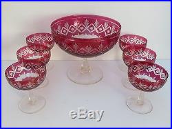 Vintage 6+1 Ruby Red Cut Crystal Dessert Ice Cream Trifle Serving Bowls Set