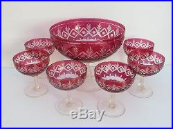 Vintage 6+1 Ruby Red Cut Crystal Dessert Ice Cream Trifle Serving Bowls Set