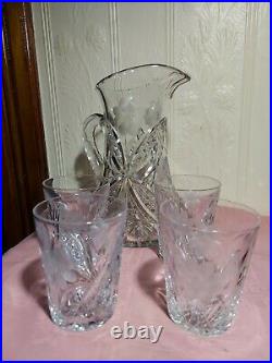 Vintage American Brilliant Period Cut Crystal Pitcher & 4 Glasses Etched Daisy