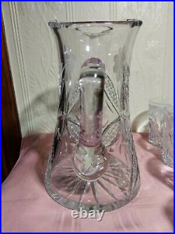 Vintage American Brilliant Period Cut Crystal Pitcher & 4 Glasses Etched Daisy