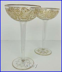 Vintage Antique 1930's Gold Etch Coupe Hollow Stem Champagne Glass Set 2