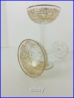 Vintage Antique 1930's Gold Etch Coupe Hollow Stem Champagne Glass Set 2