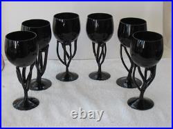 Vintage Artisan Black Glass Wine Glasses Set 6 Gothic Hand Blown Stemware